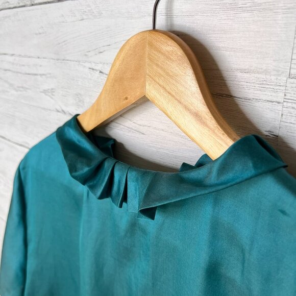 Talbots Top Womens Size 14W Dark Teal Ruffle Silk Blend Button Down Blouse - Picture 12 of 16